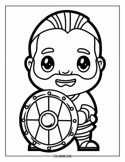 Coloriage de Vikings pour enfants : Un garçon viking barbu sourit en tenant un imposant bouclier rond