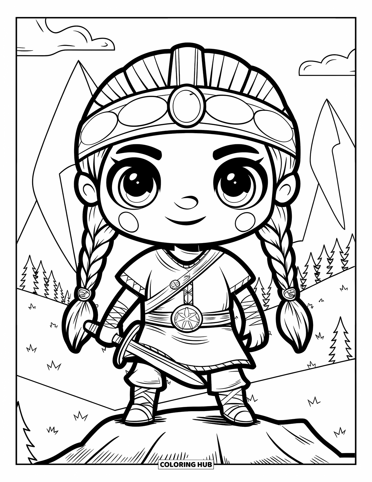 Viking Coloring Page for Kids: A braided Viking girl holds a sword while standing on a rock by the trees