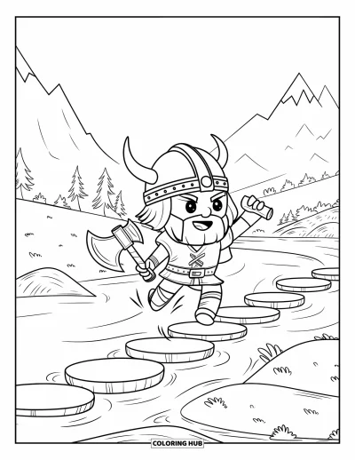 Coloriage de Vikings pour enfants : Un Viking chibi bondit de pierre en pierre dans une rivière entourée d'arbres et de collines