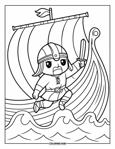 Coloriage de Vikings pour enfants : Un Viking chibi saute d'un bateau en brandissant une épée aux contours arrondis au-dessus des vagues