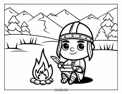 Coloriage de Vikings pour enfants : Un Viking chibi prend des notes près d'un feu de camp dans une scène enneigée en montagne
