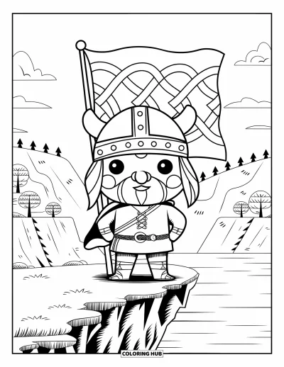 Coloriage de Vikings pour enfants : Un Viking confiant se tient fièrement sur une falaise, avec une cape et un drapeau qui claque au vent
