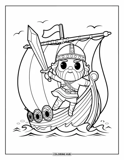 Coloriage de Vikings pour enfants : Un Viking aux cheveux bouclés saute d'un bateau tandis que des oiseaux volent au-dessus des vagues