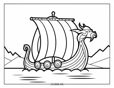 Coloriage de Vikings pour enfants : Un adorable drakkar aux voiles gonflées dérive paisiblement sur des eaux bordées de montagnes