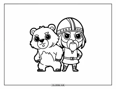 Coloriage de Vikings pour enfants : Un Viking et un ours sauvage se tiennent grands et fiers dans une pose héroïque