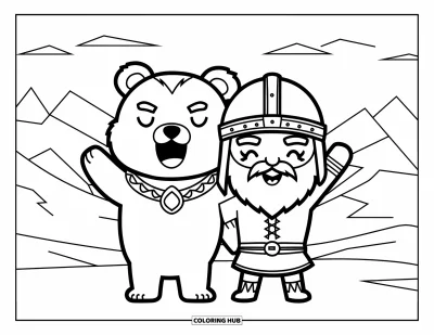 Coloriage de Vikings pour enfants : Un Viking et un ours lèvent les bras dans une scène enneigée en pleine montagne