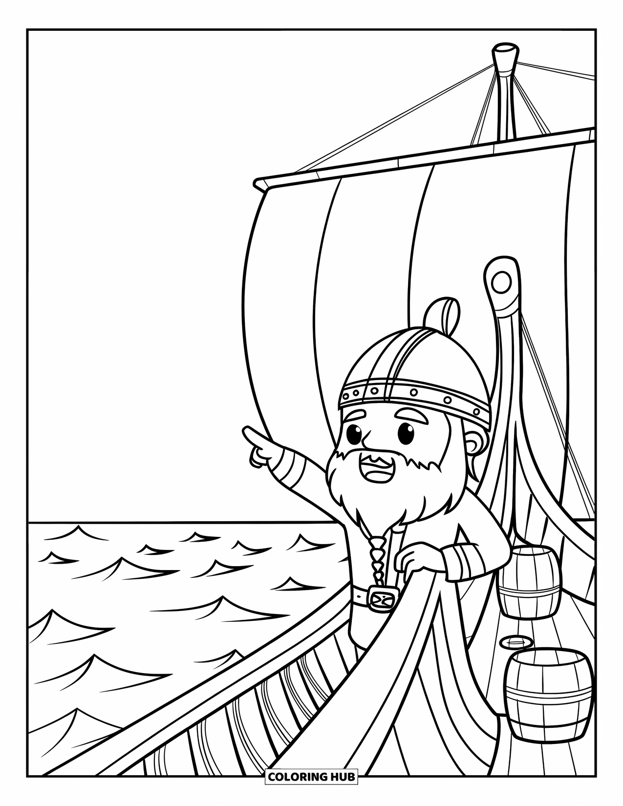 Viking Coloring Page for Kids: A Viking captain points at the horizon from a ship with sails and waves below