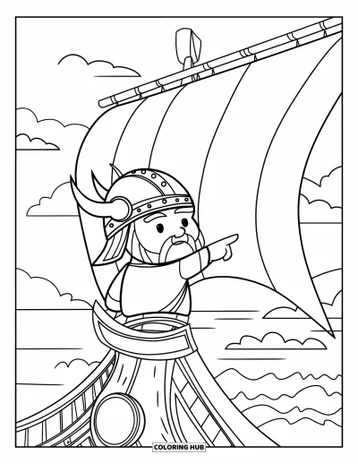 Coloriage de Vikings pour enfants : Un capitaine viking pointe vers la mer depuis le pont de son navire avec détermination