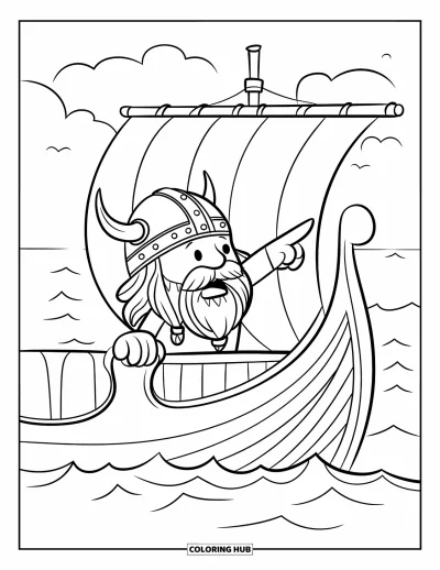 Coloriage de Vikings pour enfants : Un capitaine viking debout sur le pont pointe vers les vagues sous un ciel nuageux