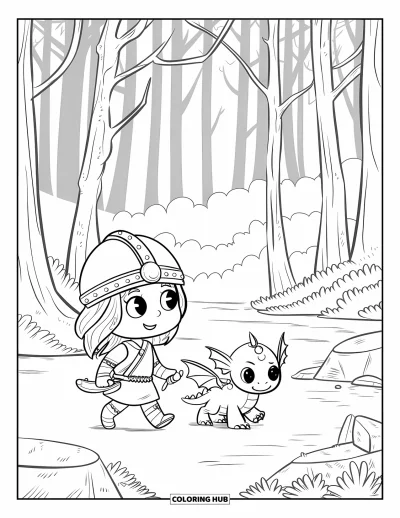 Coloriage de Vikings pour enfants : Une fille viking et un bébé dragon traversent une forêt brumeuse peuplée de grands arbres