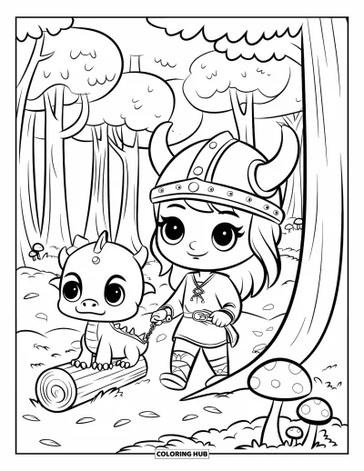 Coloriage de Vikings pour enfants : Une fille viking marche avec un dragon sur un sentier feuillu parsemé de champignons