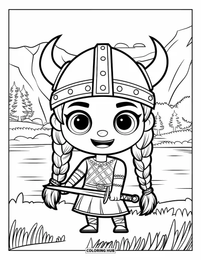 Coloriage de Vikings pour enfants : Une fille viking aux tresses se tient joyeusement près d'arbres, de montagnes et d'un lac