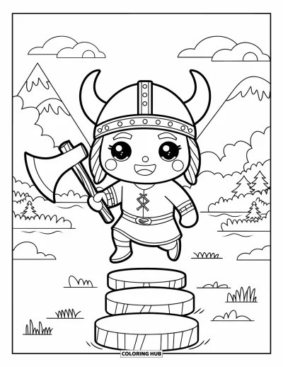Coloriage de Vikings pour enfants : Un Viking saute de pierre en pierre en tenant une hache dans un paysage montagneux paisible