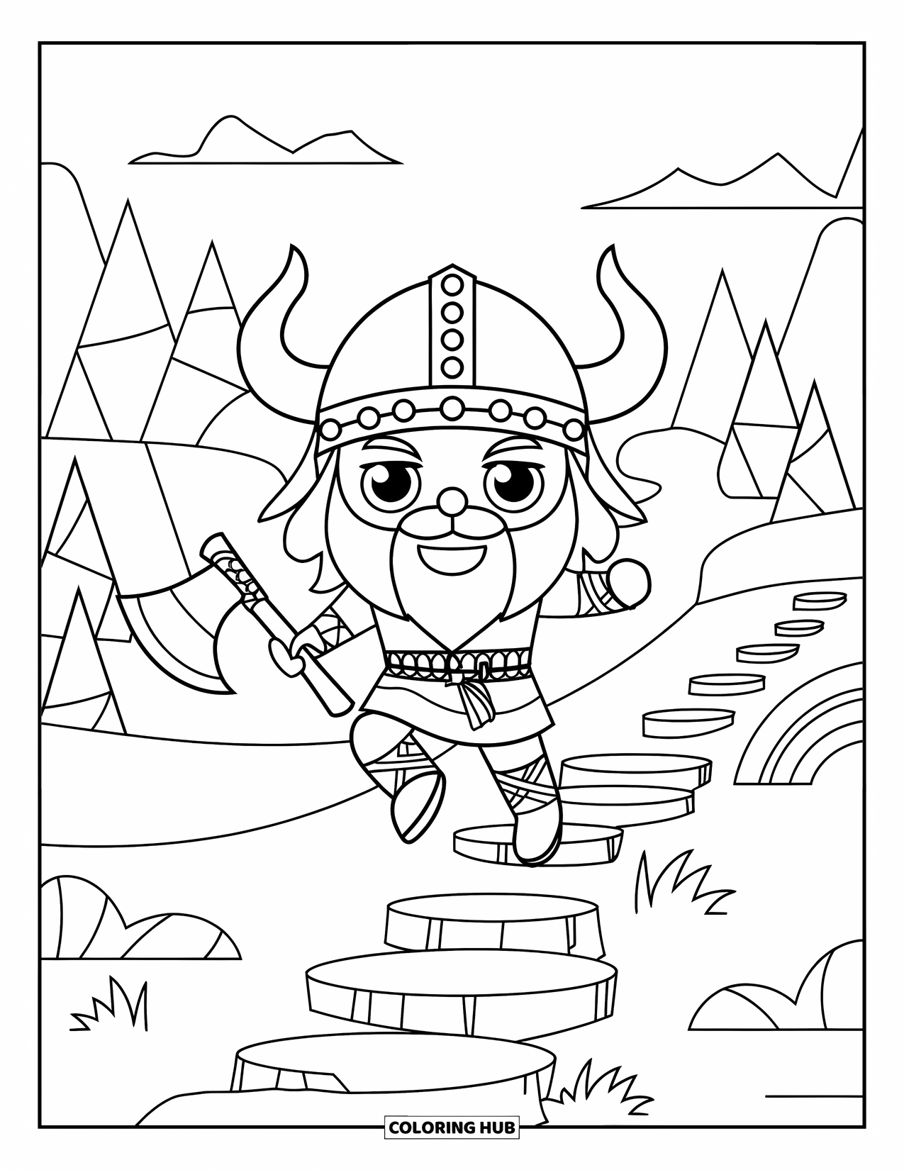 Viking Coloring Page for Kids: A Viking jumps across stepping stones with an axe and a big smile