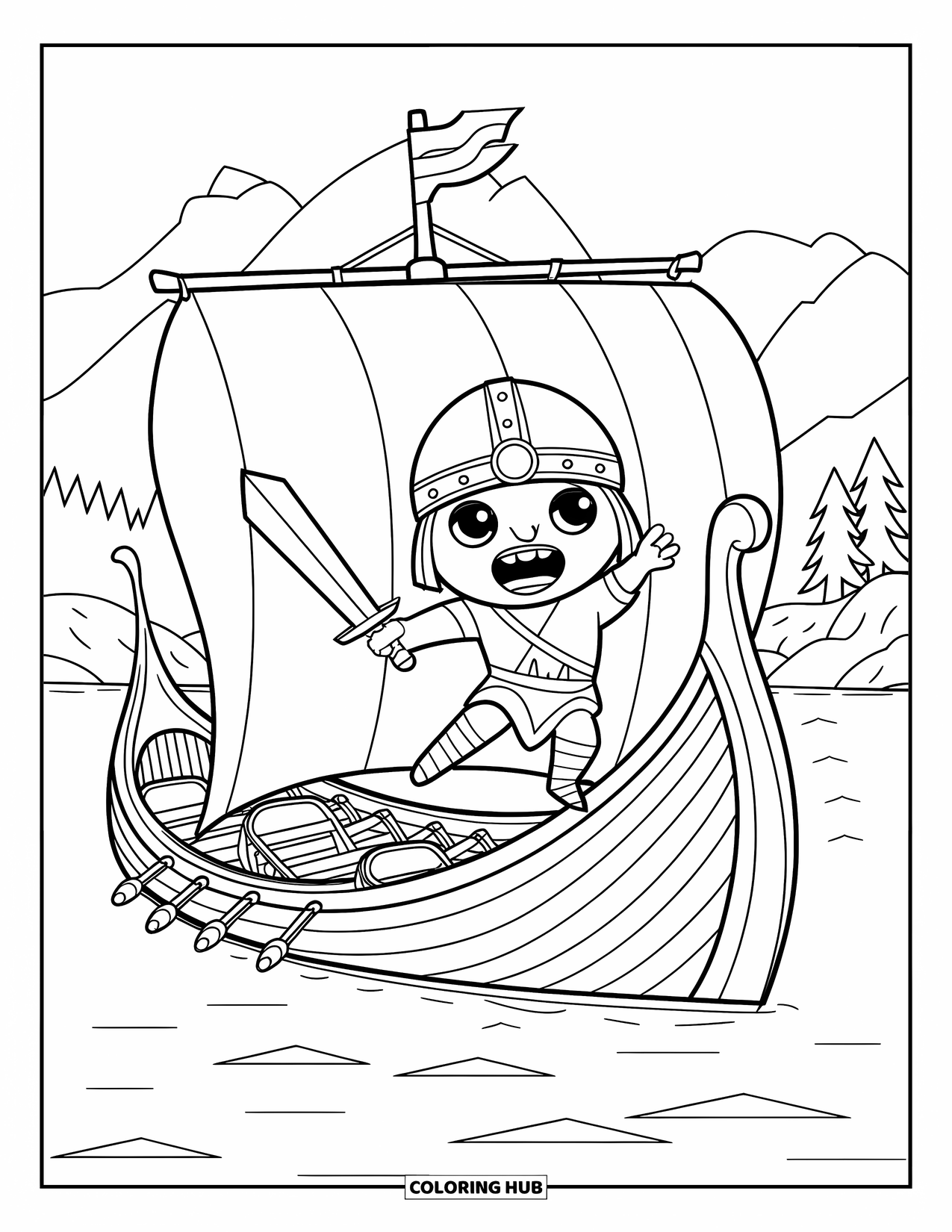 Viking Coloring Page for Kids: A Viking jumps from a ship with a soft sword near a rocky shore