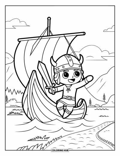 Coloriage de Vikings pour enfants : Un Viking saute d'un bateau avec une épée souple vers un chemin de montagne paisible