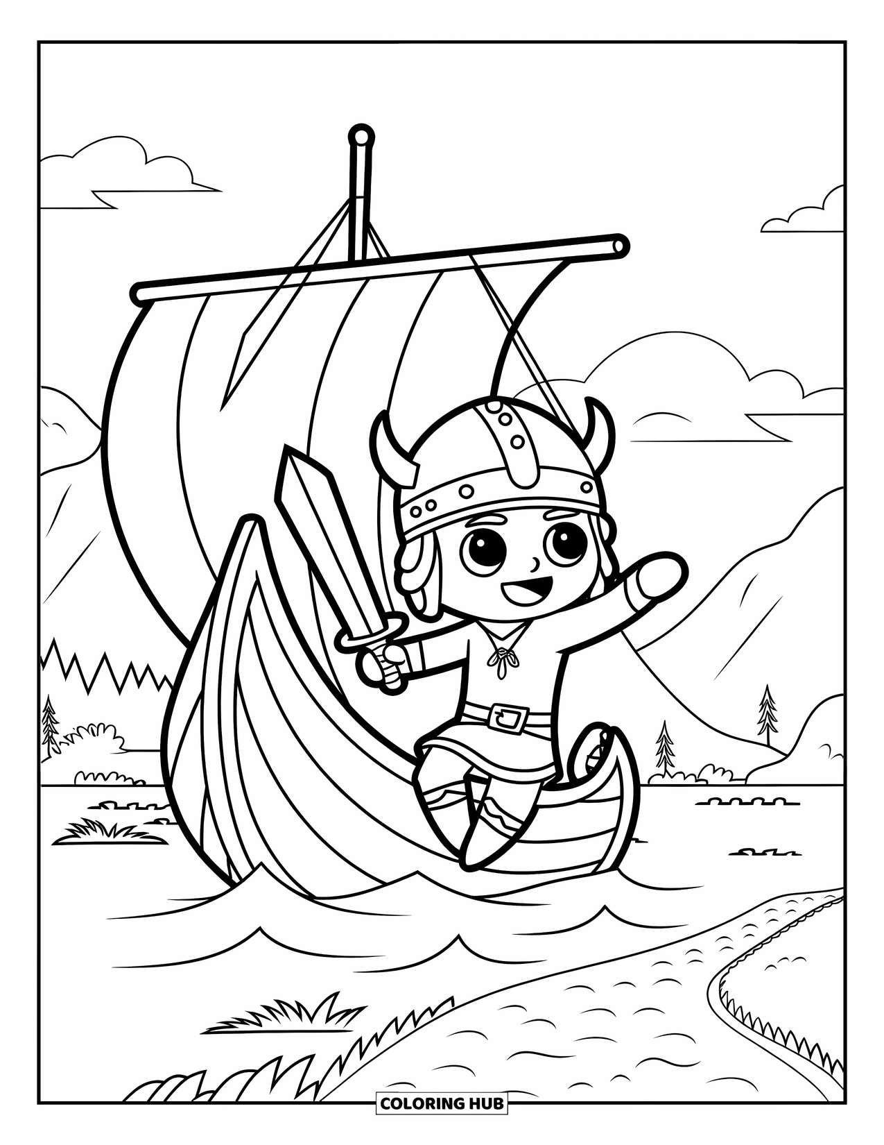 Viking Coloring Page for Kids: A Viking jumps from a ship with a soft sword toward a peaceful mountain path