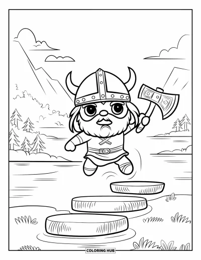 Coloriage de Vikings pour enfants : Un Viking bondit au-dessus de l'eau avec une hache, cerné d'arbres et de montagnes