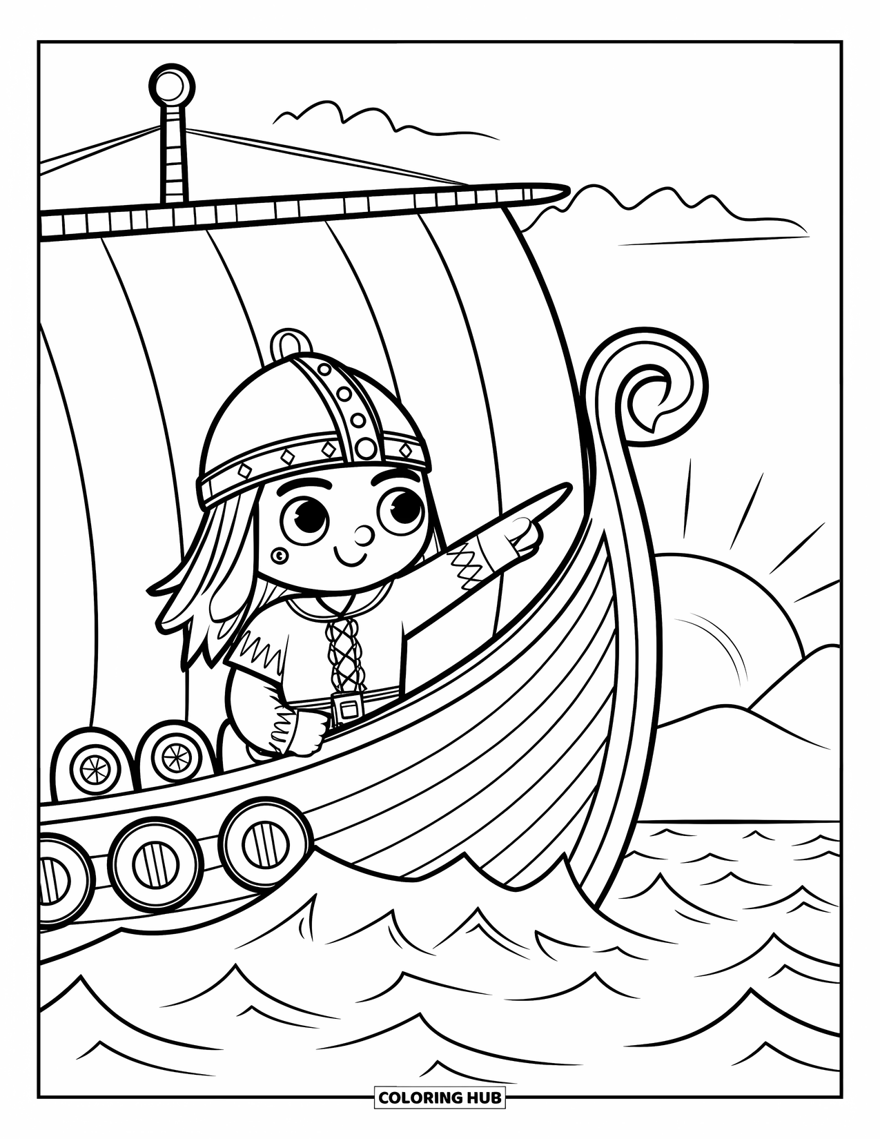 Viking Coloring Page for Kids: A Viking leader points ahead from a ship sailing past the mountains and sunset