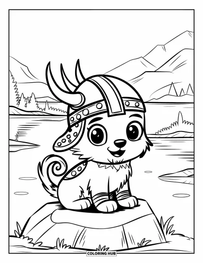 Coloriage de Vikings pour enfants : Un chiot viking assis sur un rocher près d'eaux calmes avec des montagnes au loin