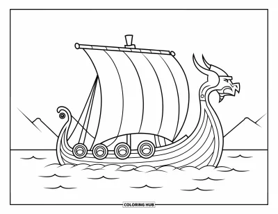 Coloriage de Vikings pour enfants : Un drakkar à tête de dragon flotte tranquillement près des montagnes