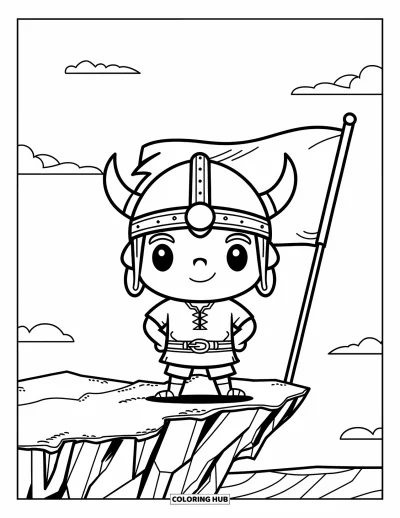 Coloriage de Vikings pour enfants : Un Viking debout sur une falaise rocheuse à côté d'un drapeau, sous un ciel serein