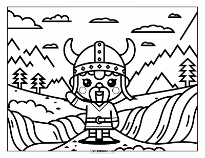 Coloriage de Vikings pour enfants : Un Viking fait signe depuis un chemin de montagne entouré de nuages et de cascades