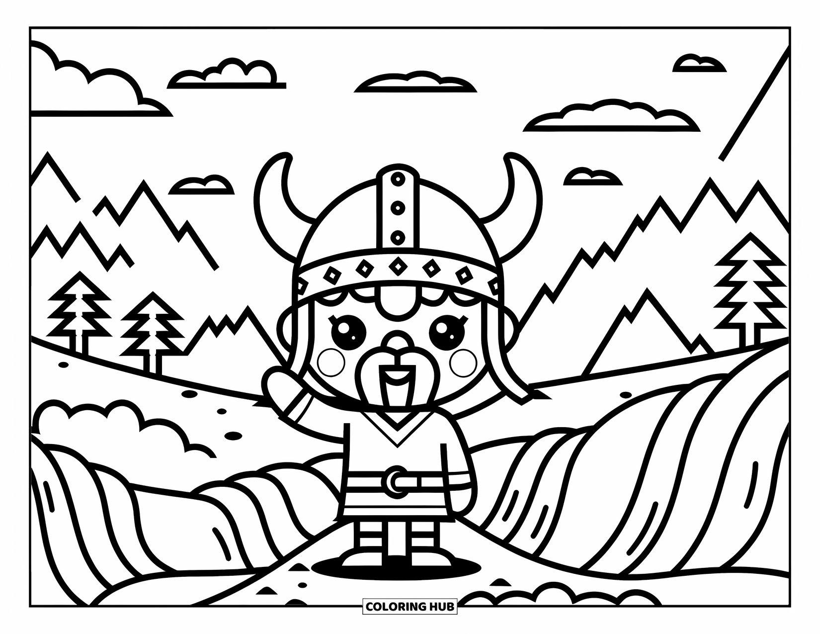 Viking Coloring Page for Kids: A Viking waves from a mountain path surrounded by clouds and waterfalls