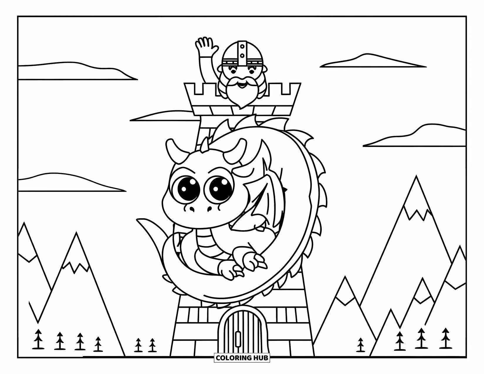Viking Coloring Page for Kids: A Viking waves from a tower as a dragon wraps around it in a peaceful landscape