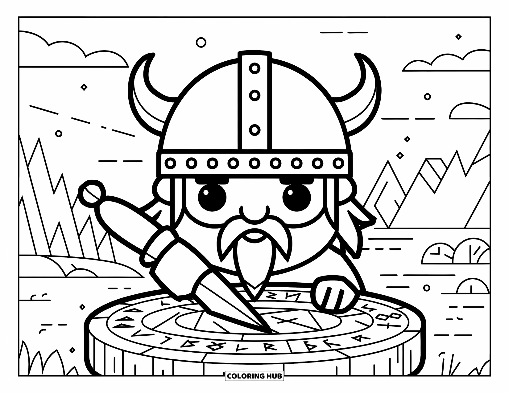 Viking Coloring Page for Kids: A Viking with a horned helmet etches runes near a quiet lake and trees