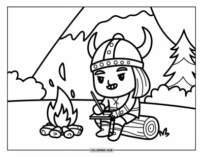 Coloriage de Vikings pour enfants : Un Viking avec un parchemin écrit près d'un feu de camp entre les arbres et un pic imposant