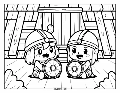 Coloriage de Vikings pour enfants : Deux petits Vikings assis près d'une maison longue jouent avec des boucliers et sourient