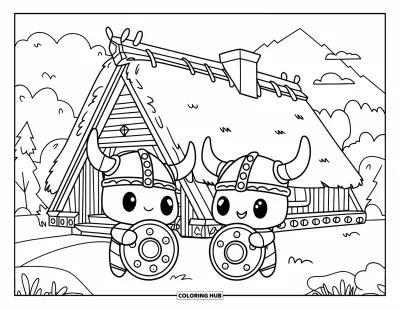 Coloriage de Vikings pour enfants : Deux enfants vikings rient en jouant devant une maison longue en bois près des montagnes
