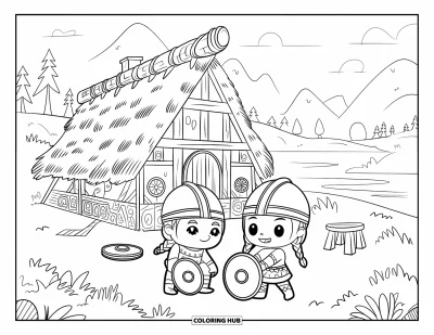Coloriage de Vikings pour enfants : Deux jeunes Vikings jouent avec des boucliers devant leur chaleureuse maison longue
