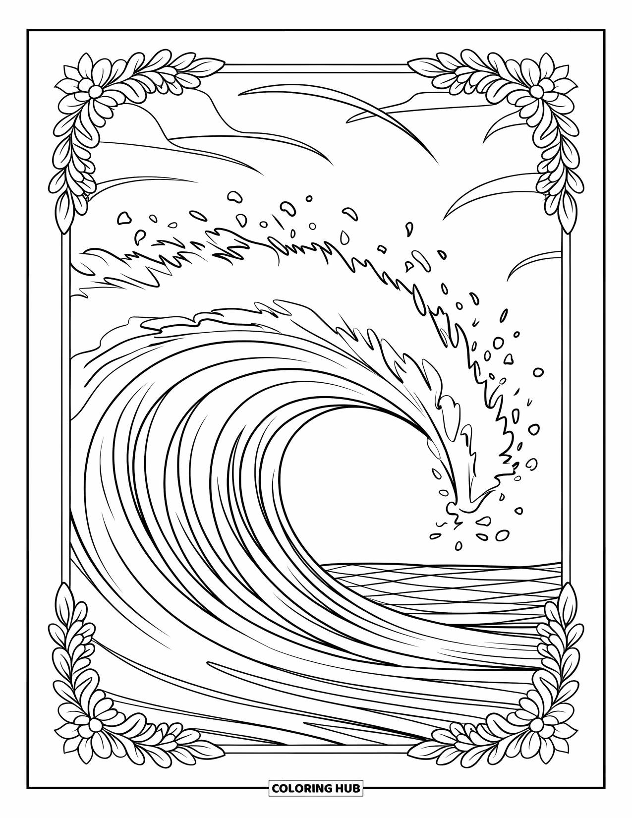 Waves Coloring Page for Adults: A large crashing wave sits beside a floral border and soft sky arcs