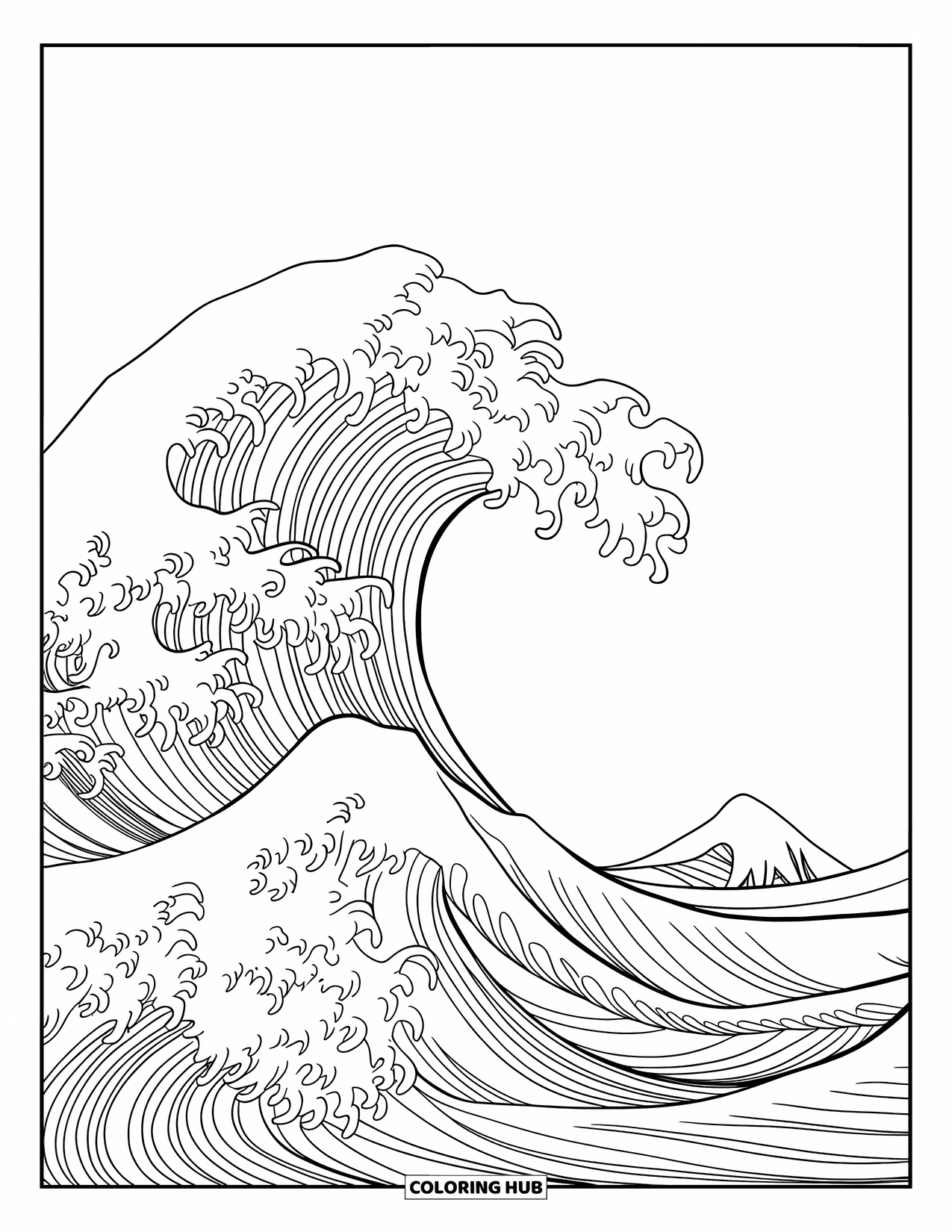Waves Coloring Page for Adults: A large Japanese wave flows with fine lines across the page