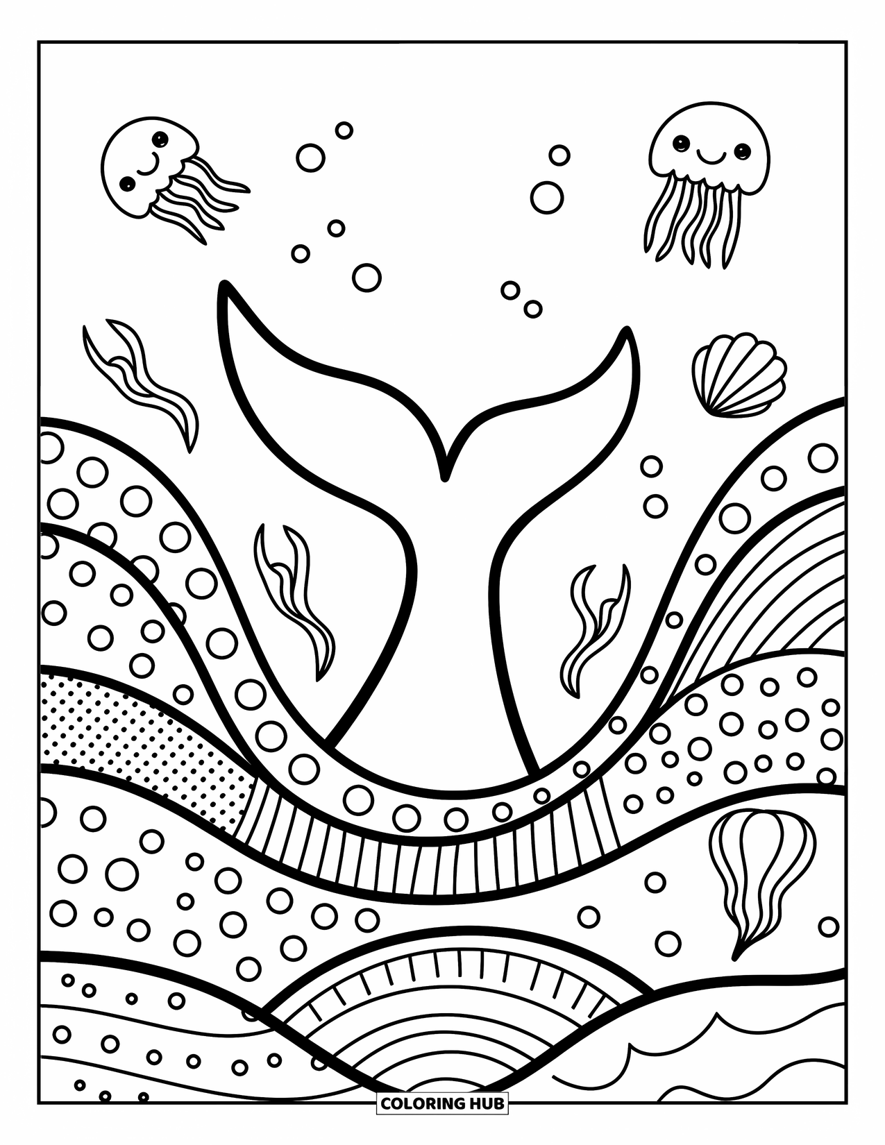 Waves Coloring Page for Adults: A whale tail splashes amid polka-dotted waves and floating jellyfish