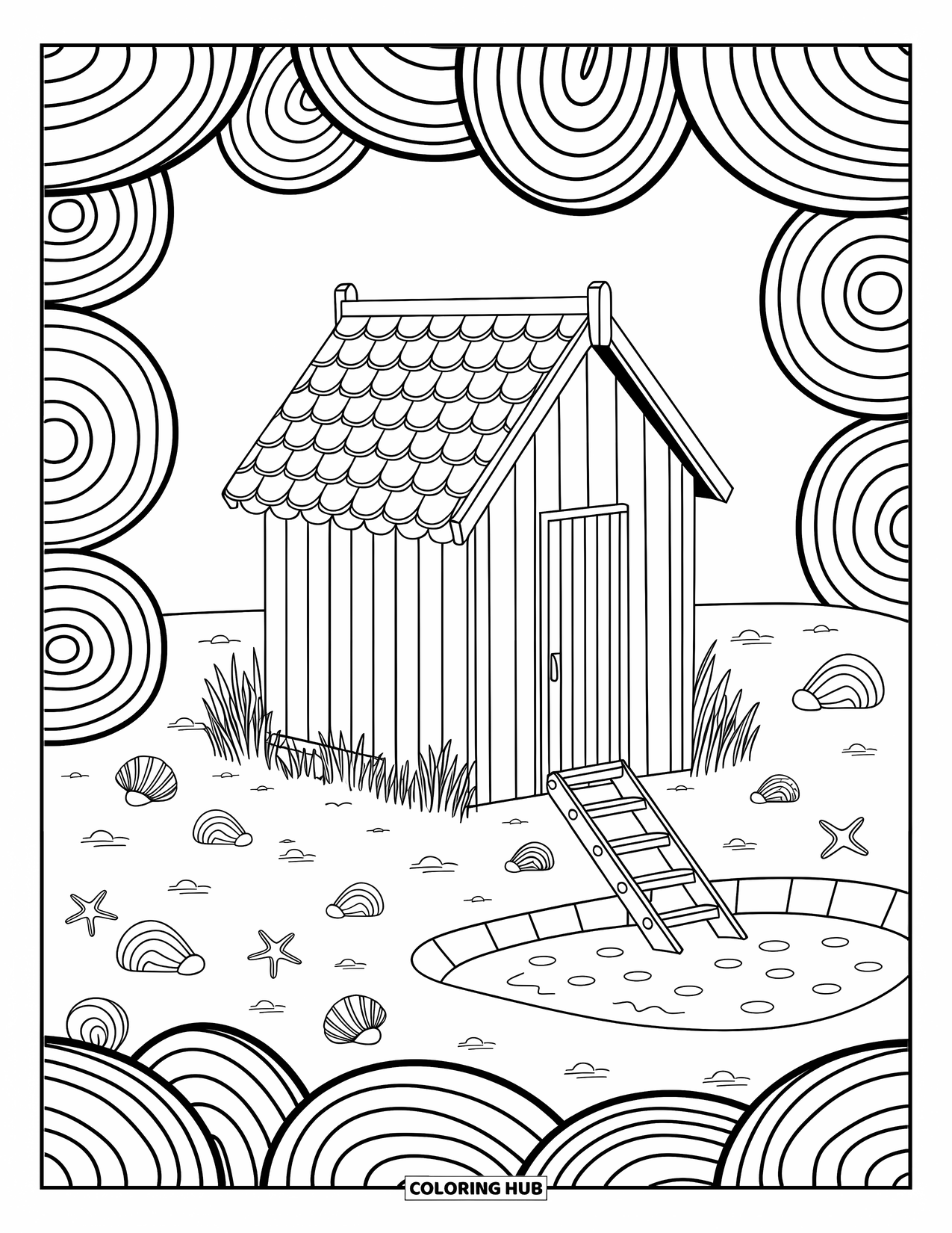 Waves Coloring Page for Adults: A wooden beach hut rests on sand, with waves and seashells all around