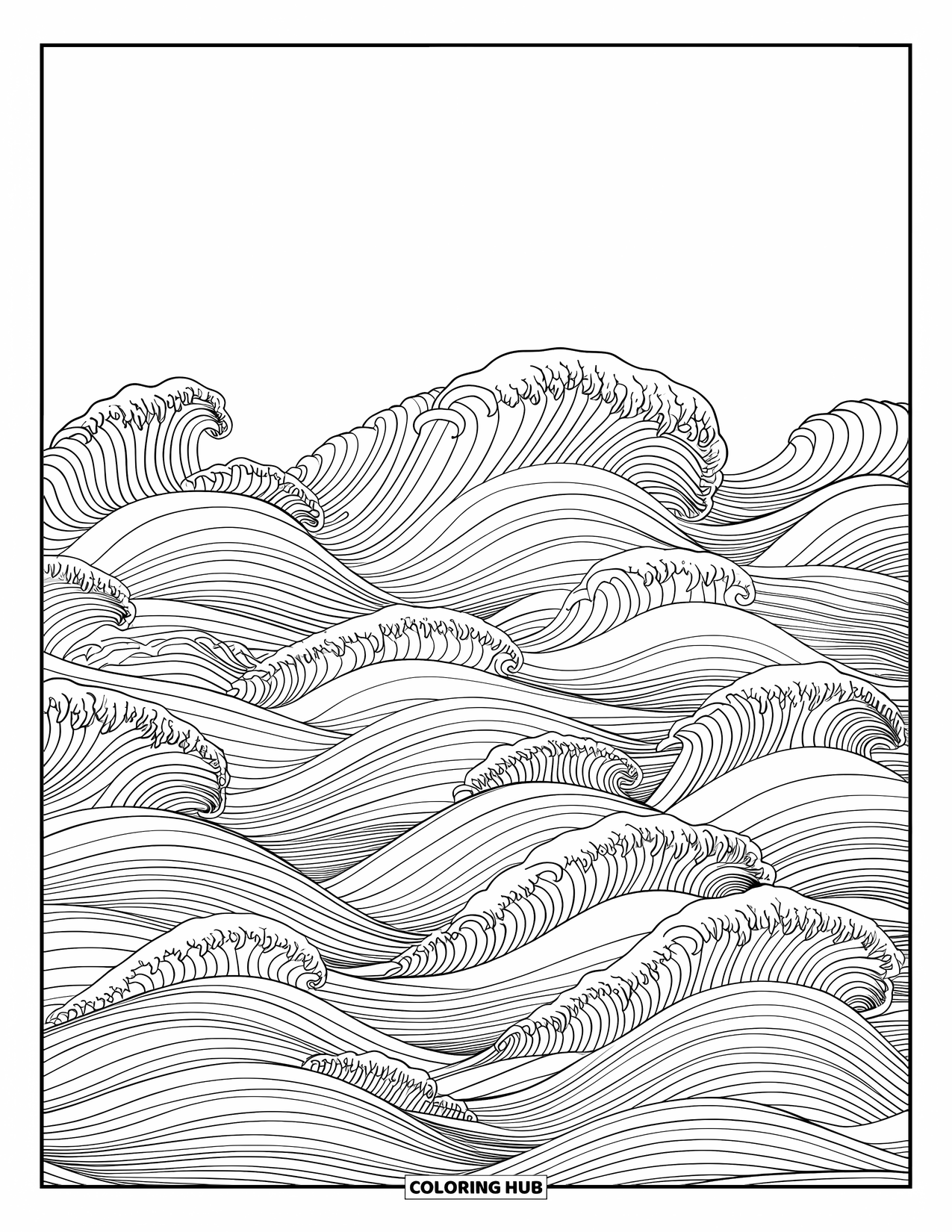 Waves Coloring Page for Adults: Curls and ripples form a seamless horizontal wave across the page