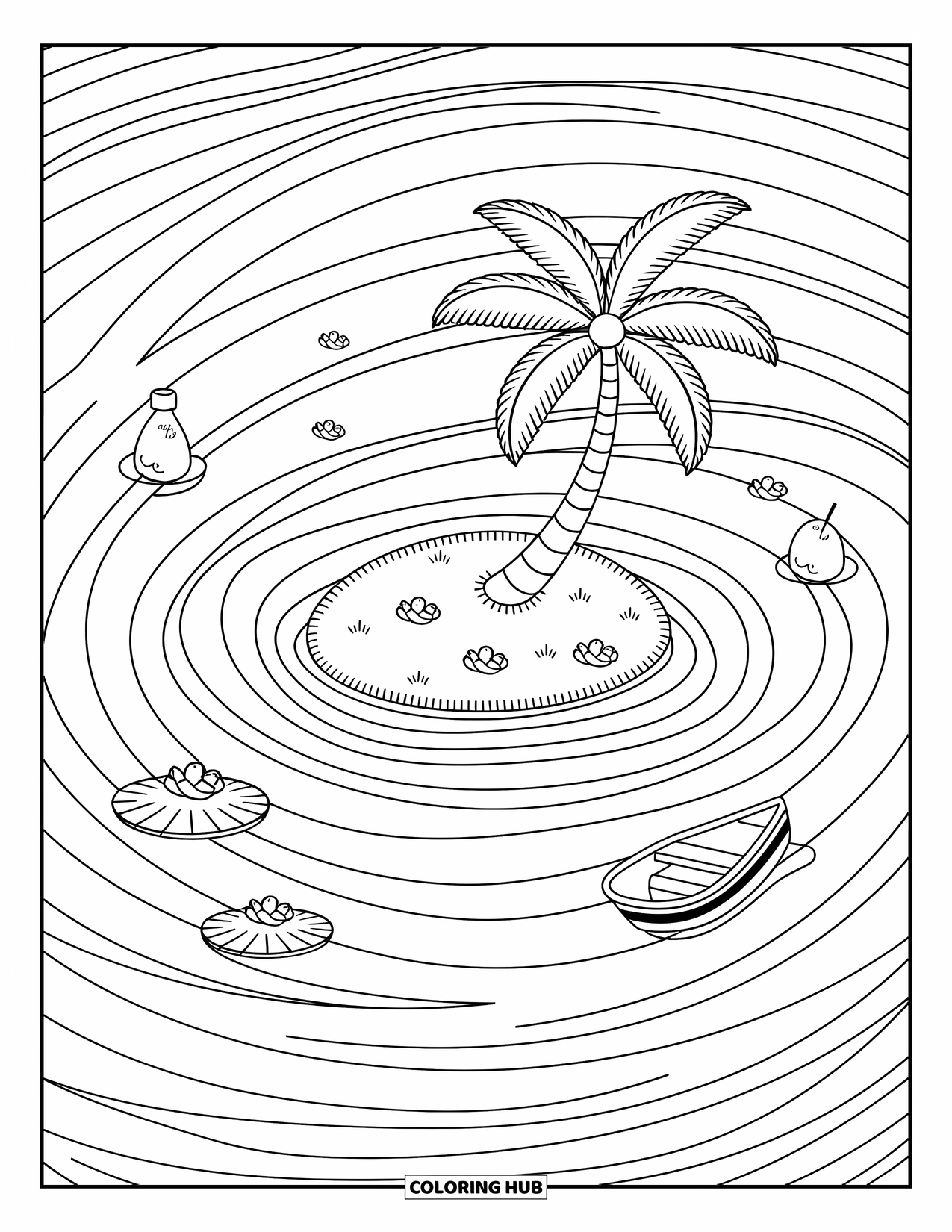 Waves Coloring Page for Adults: Floating lily pads and a bottle drift near a curled palm island