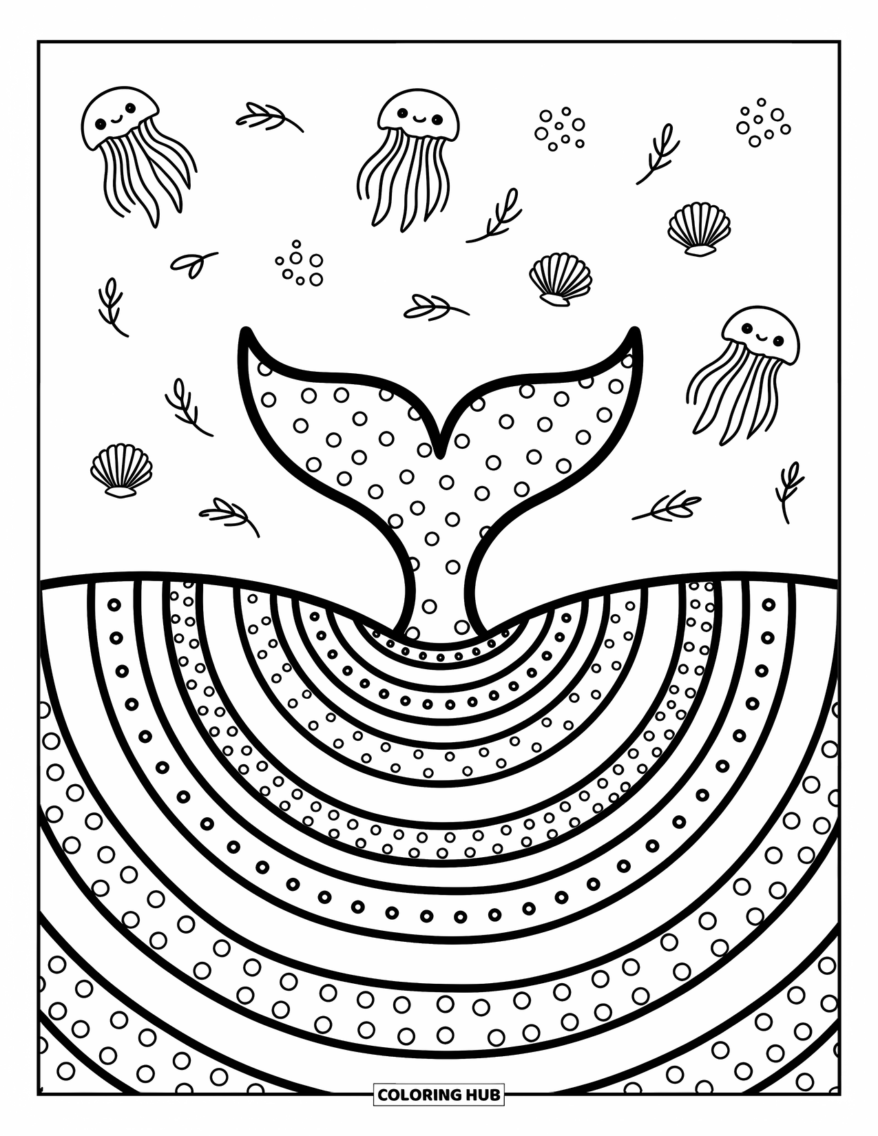Waves Coloring Page for Adults: Patterns swirl around a whale tail with bubbles, seaweed, and jellyfish