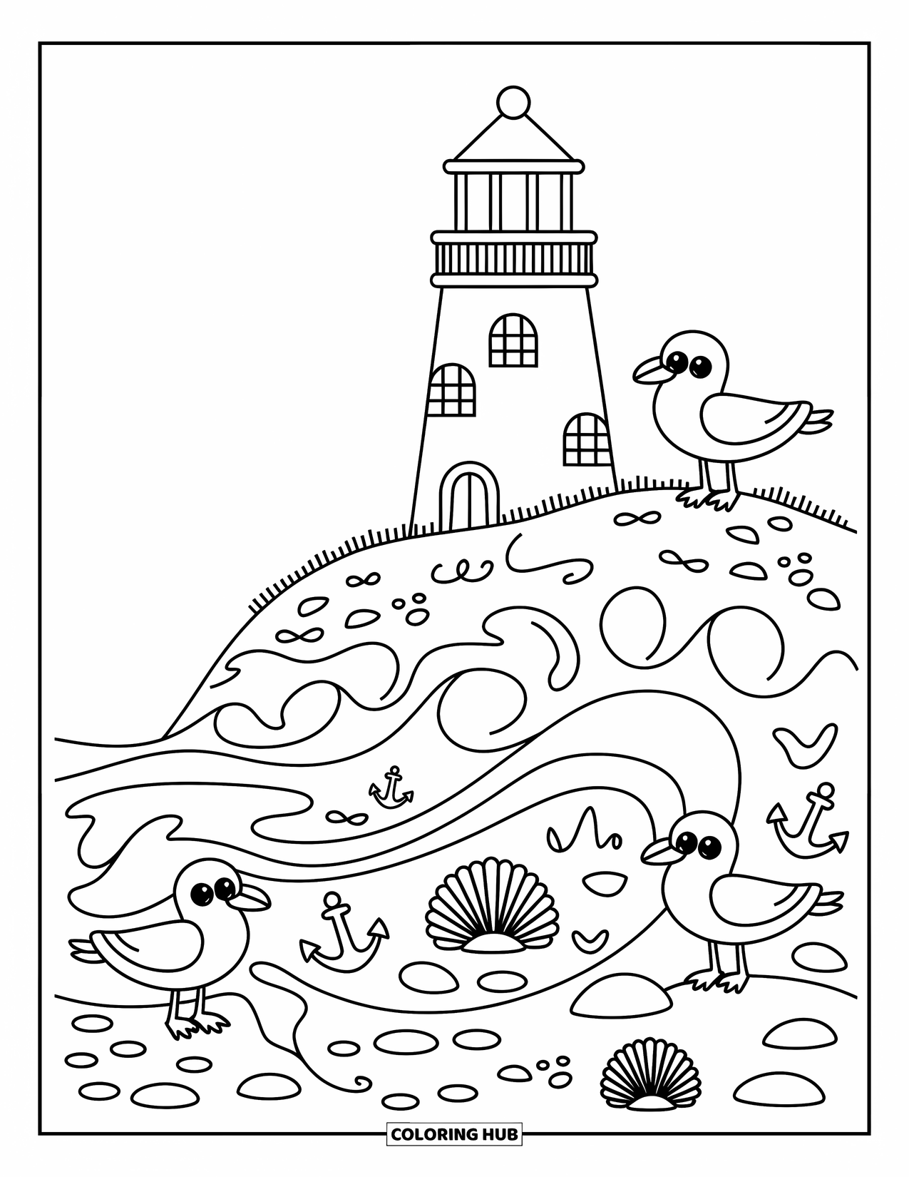 Waves Coloring Page for Adults: Seagulls perch by a lighthouse hugged by cozy waves and seashells
