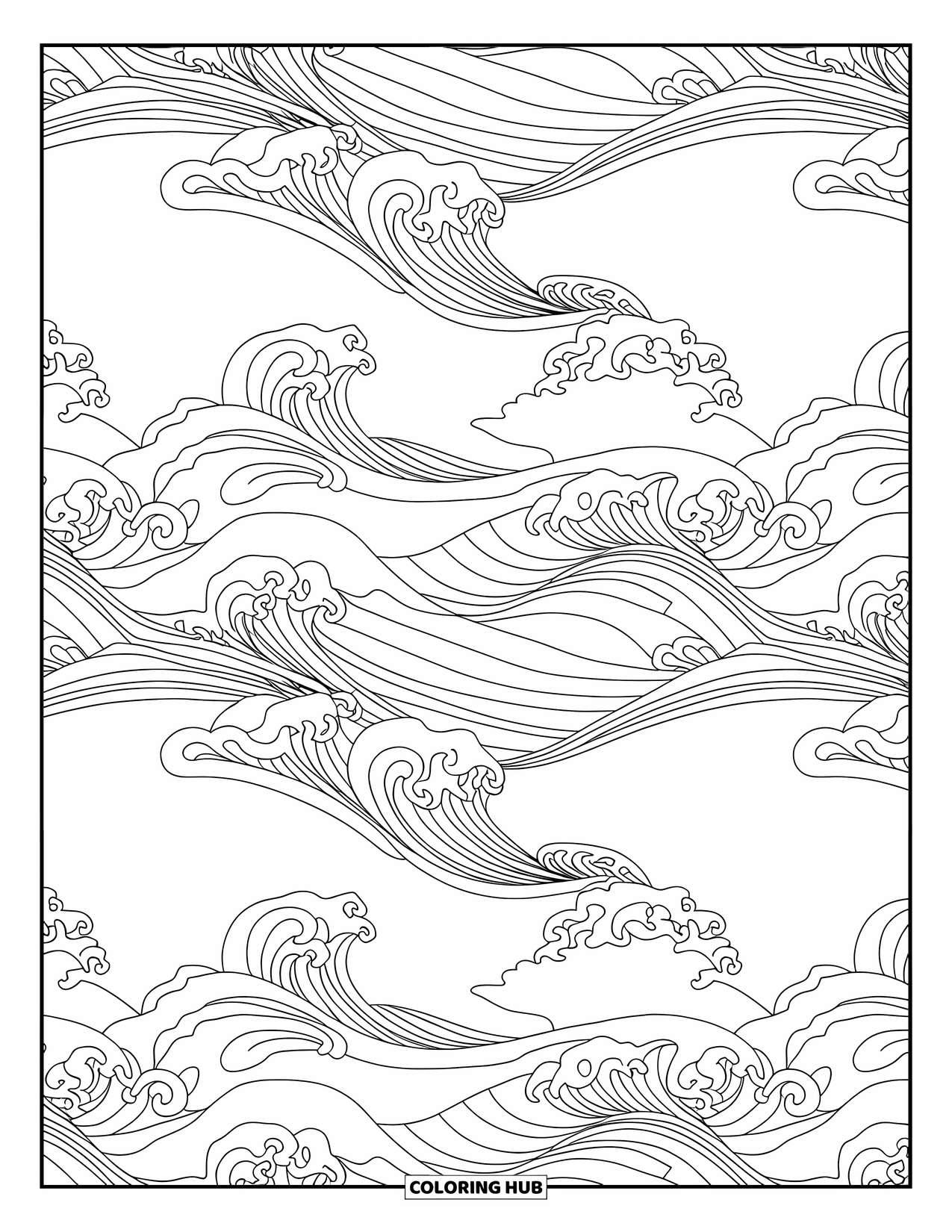 Waves Coloring Page for Adults: Seamless curls form soft, flowing waves in black-and-white design