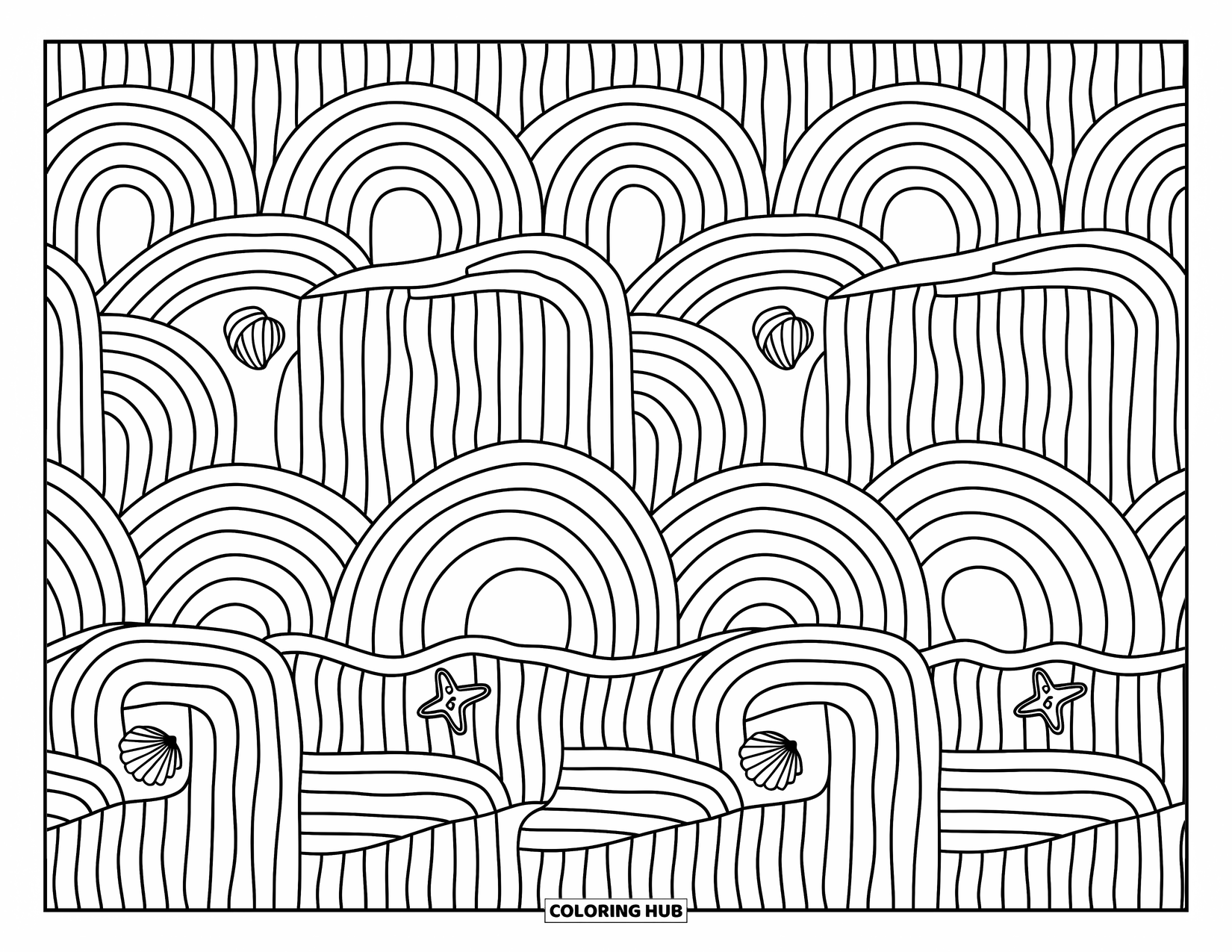 Waves Coloring Page for Adults: Wavy arches form a playful pattern with hidden seashells and starfish