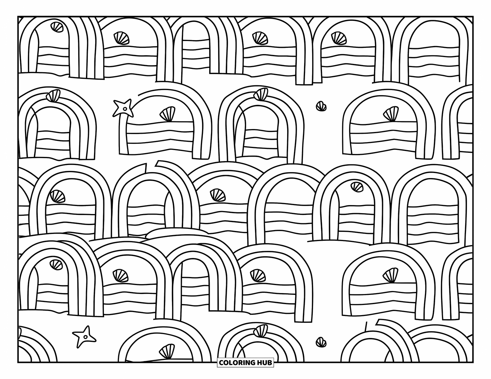 Waves Coloring Page for Adults: Zigzagging waves filled with stars and shells create a cozy ocean design