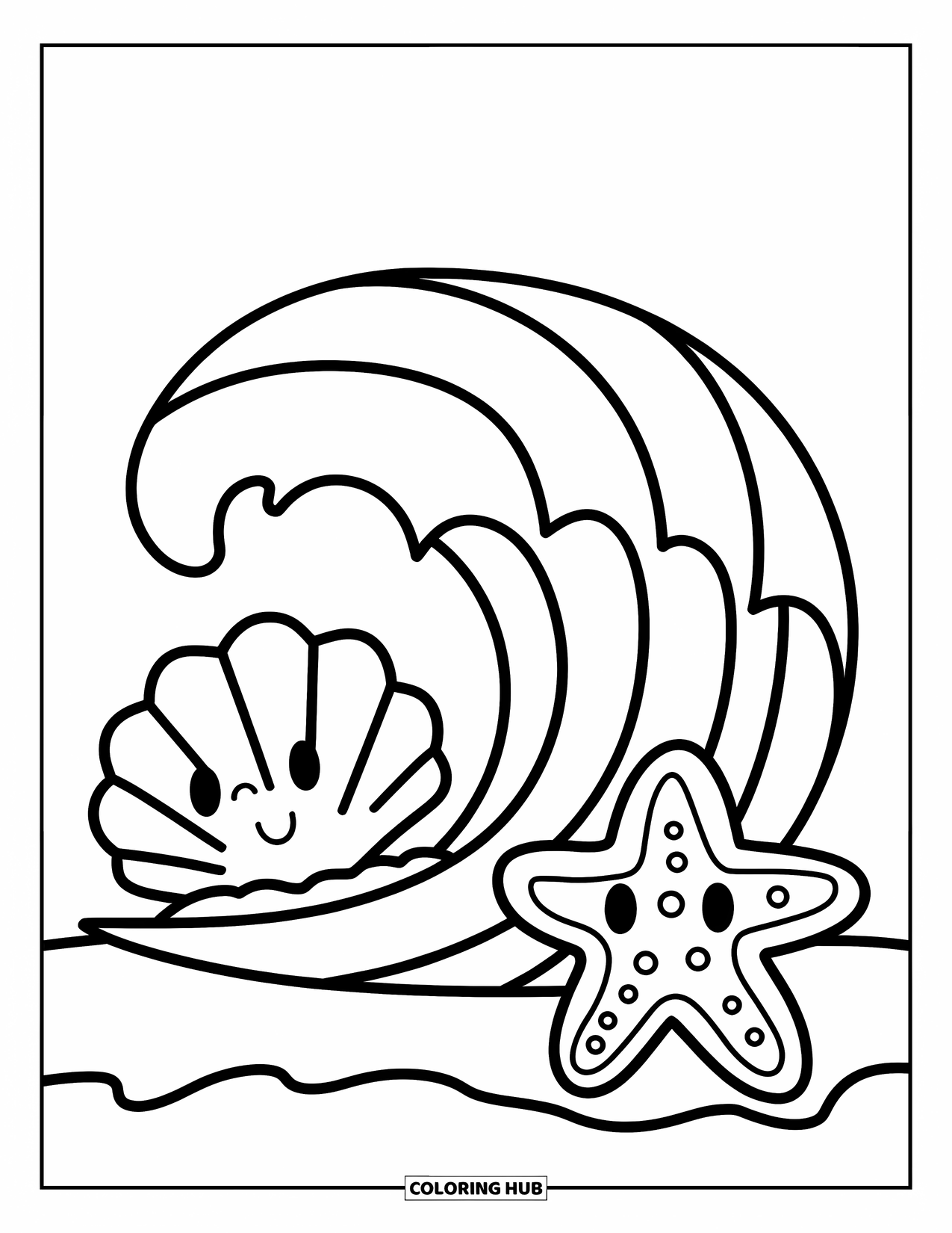 Waves Coloring Page for Kids: A big smiling wave splashes beside a seashell and starfish on the sand