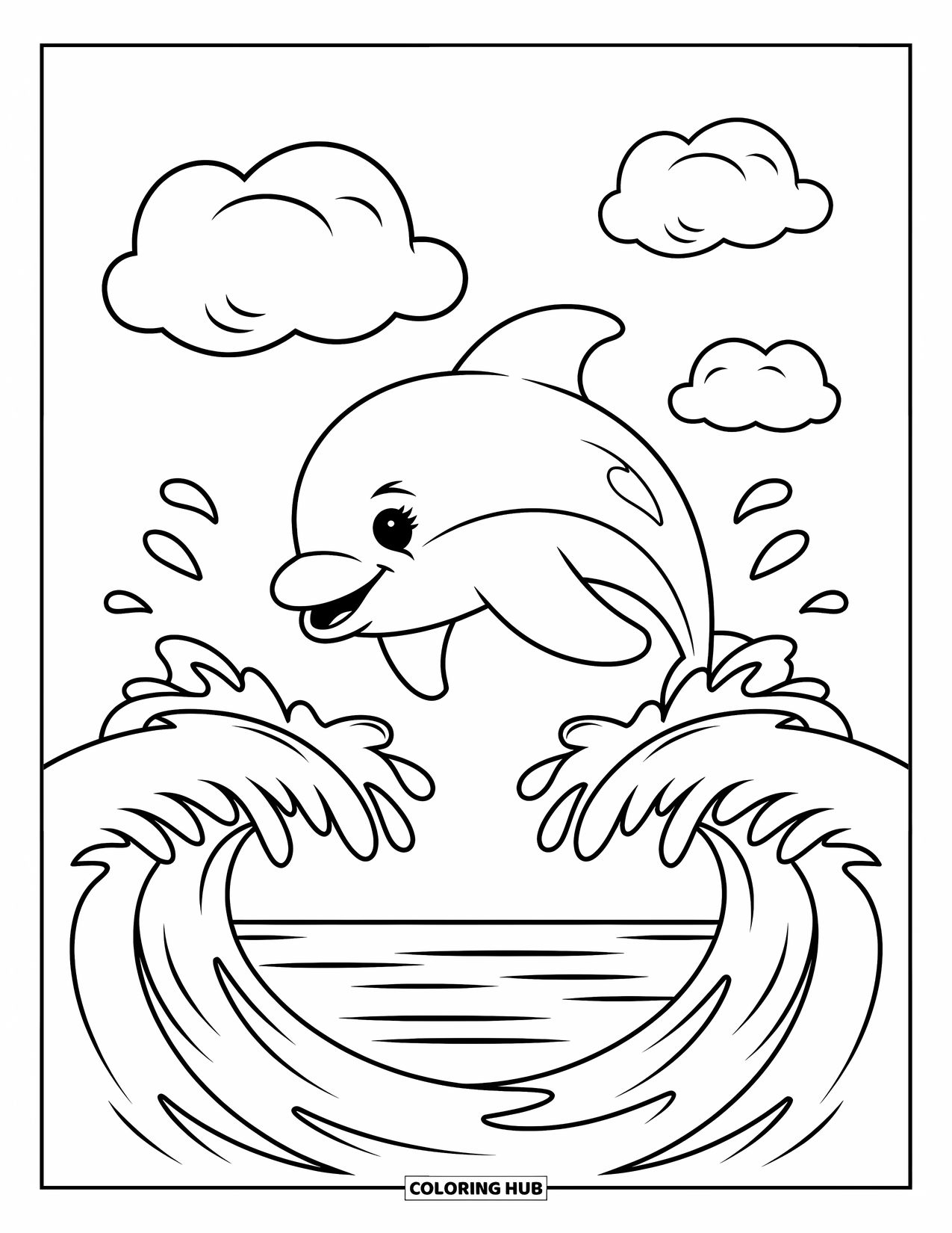 Waves Coloring Page for Kids: A dolphin with big eyes splashes between two waves beneath the clouds