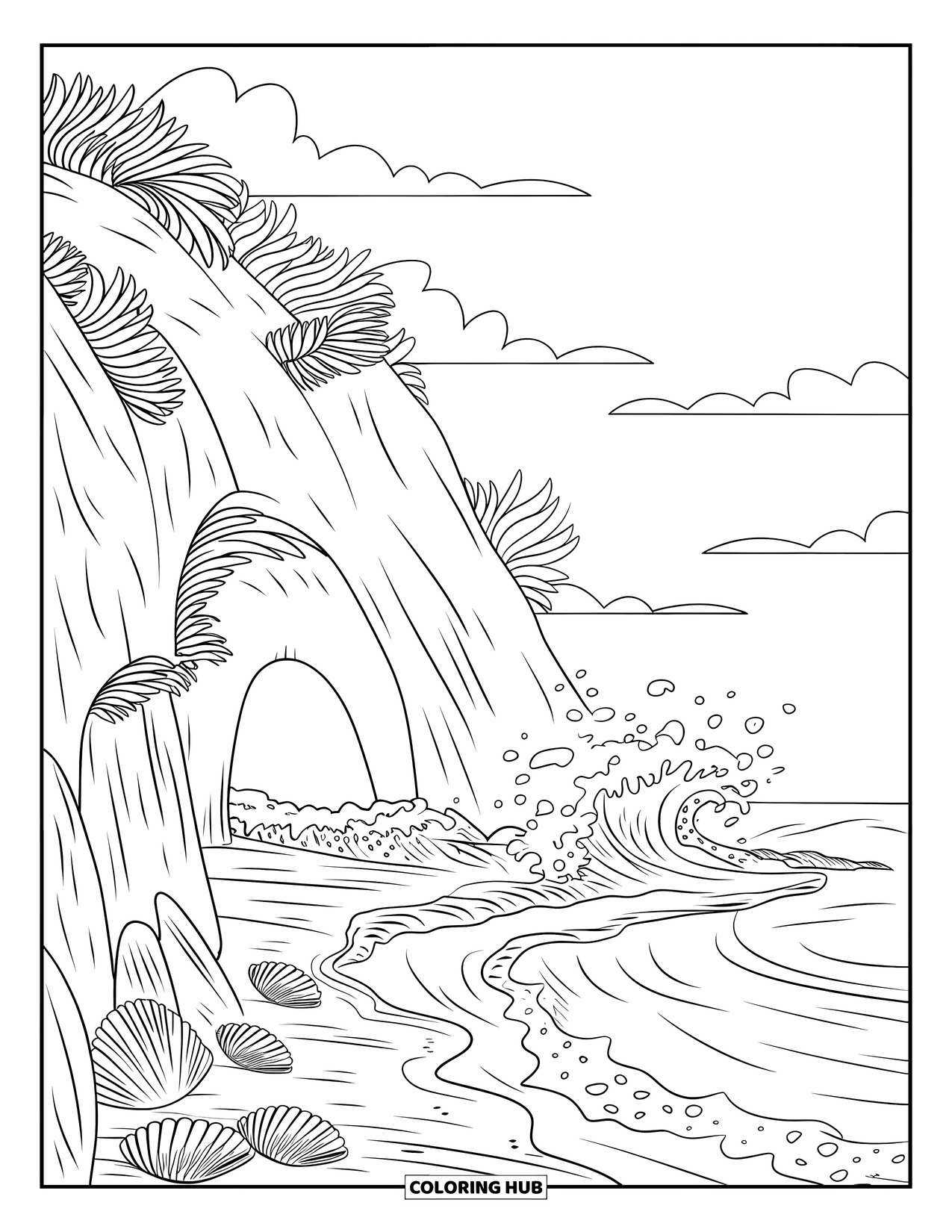 Waves Coloring Page for Kids: A rocky cave sits by foamy waves and shells under a clear sky