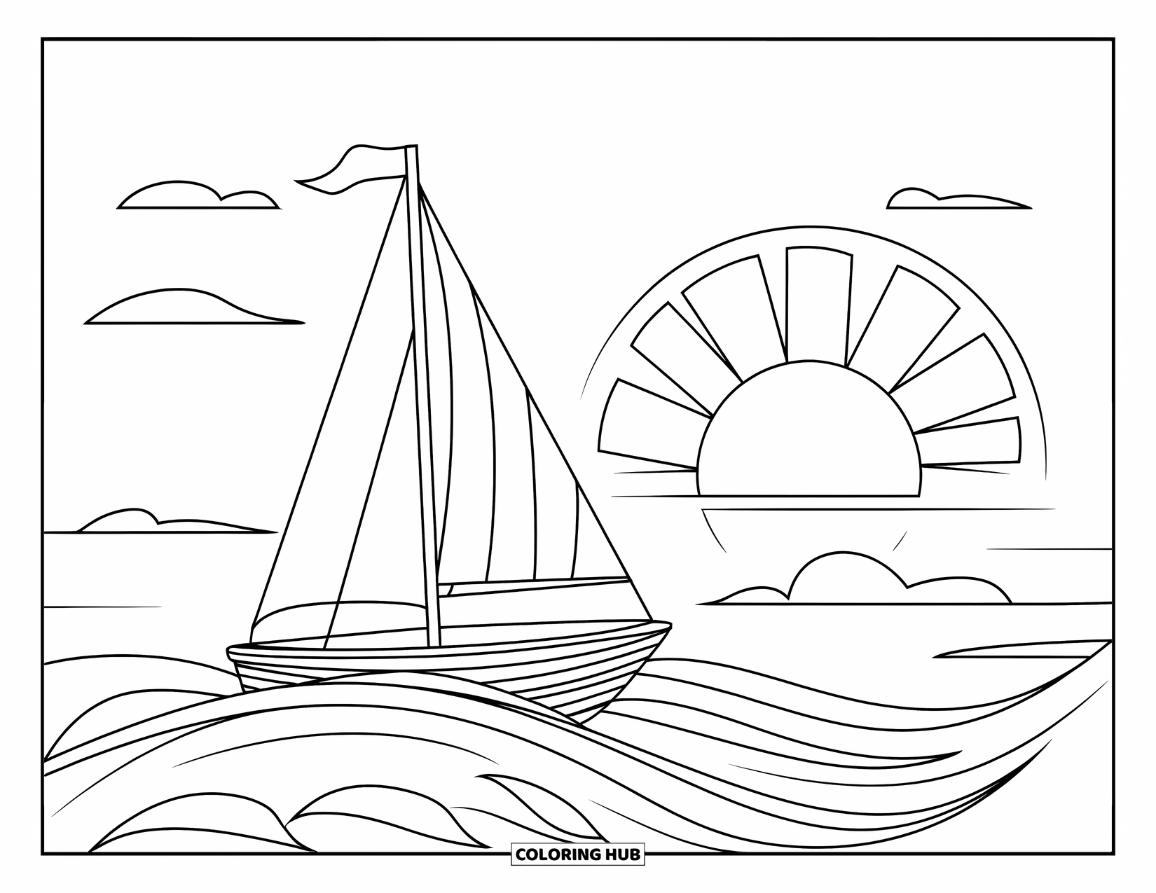 Waves Coloring Page for Kids: A sailboat rides a wave beneath a glowing sunset and soft clouds