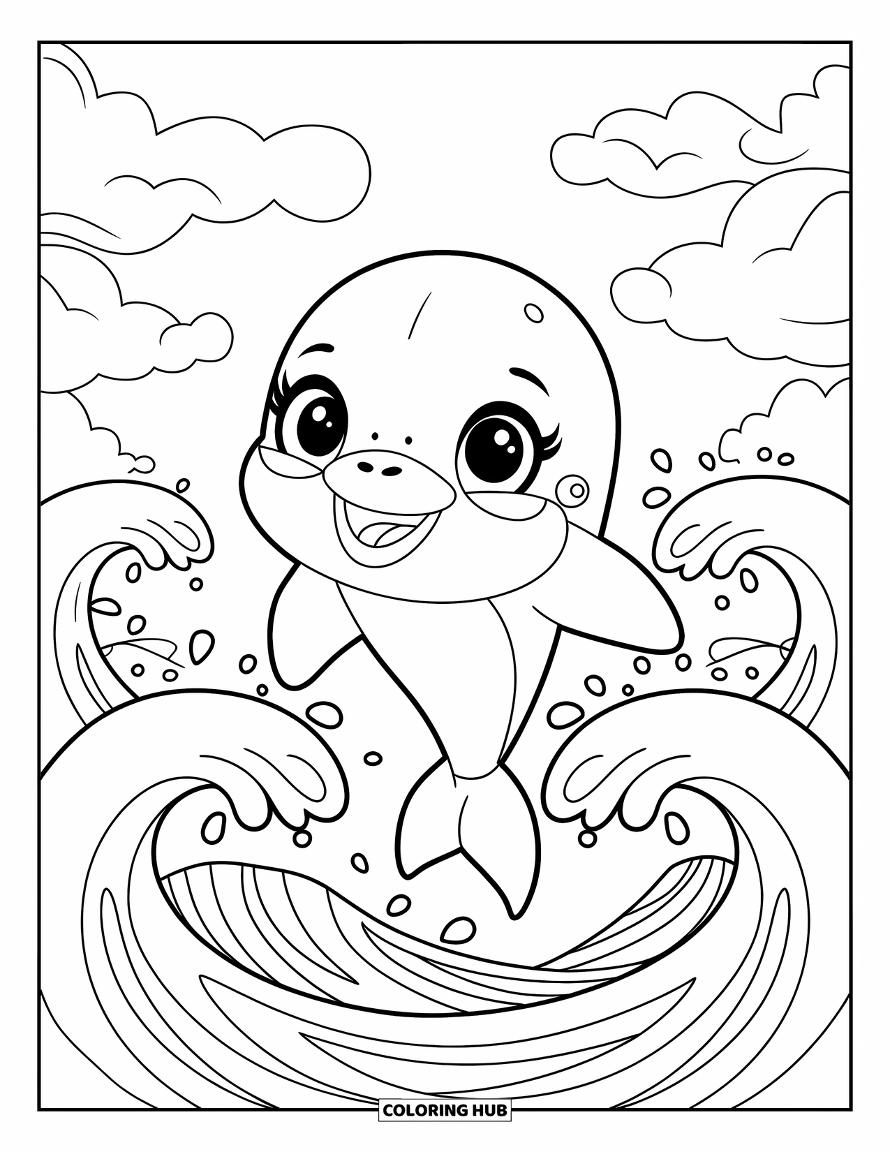 Waves Coloring Page for Kids: A smiling dolphin jumps through waves under fluffy clouds